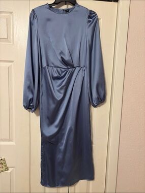 SHEIN Dusty Blue Satin Long-Sleeve Midi Dress